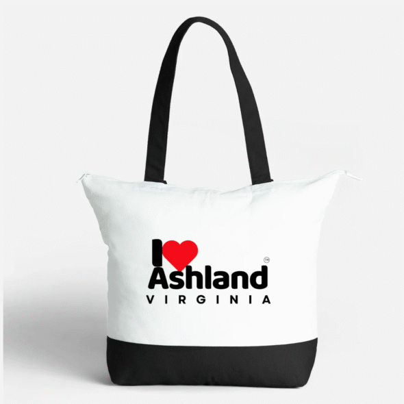 I Love Ashland Virginia large zippered tote bag with black straps and black bottom